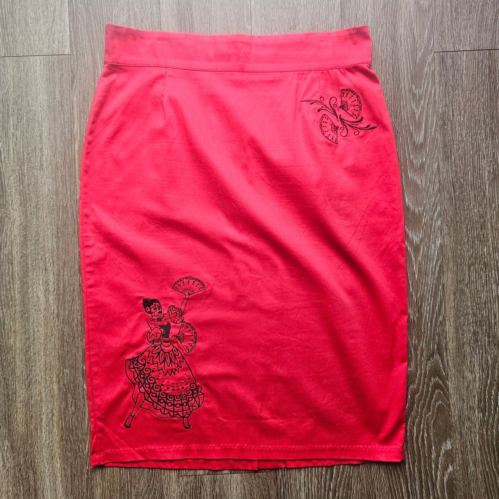 Red Embroidered Pencil Skirt - Brand Unspecified
